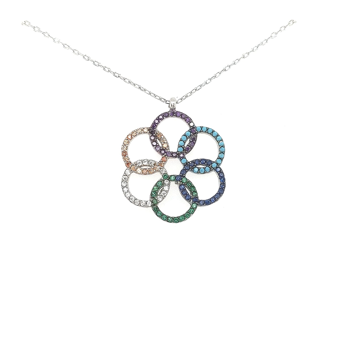 Sterling Silver Overlapping Colorful Circles Pendant - HK Jewels