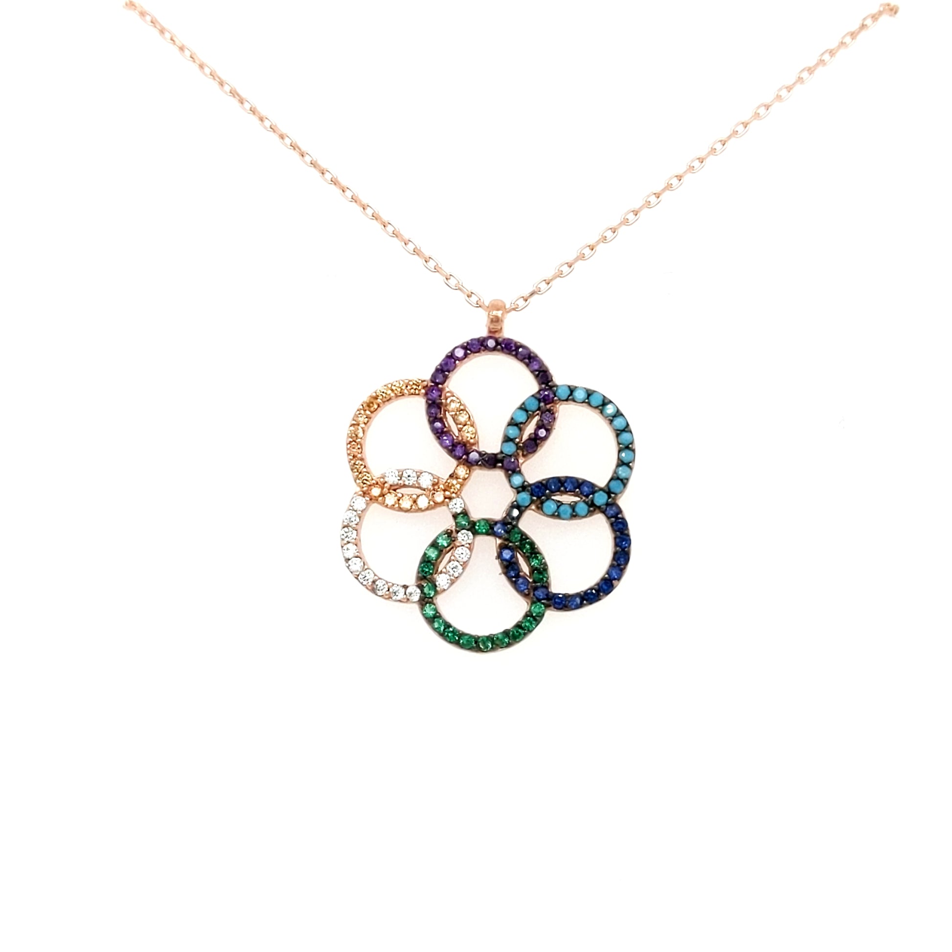 Sterling Silver Rose Gold Plated Overlapping Colorful Circles Pendant - HK Jewels