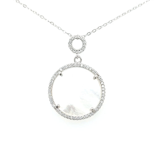 Sterling Silver Mother of Pearl With CZs Circle Pendant - HK Jewels