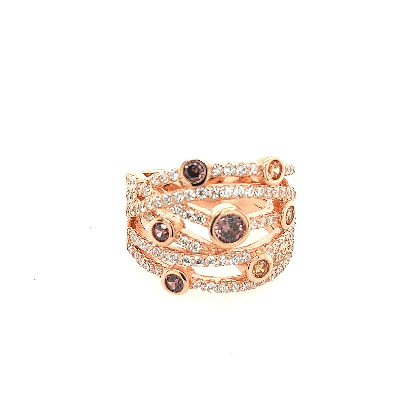 Sterling Silver Rose Gold Plated Multi Row CZ and Purple Stone Ring - HK Jewels