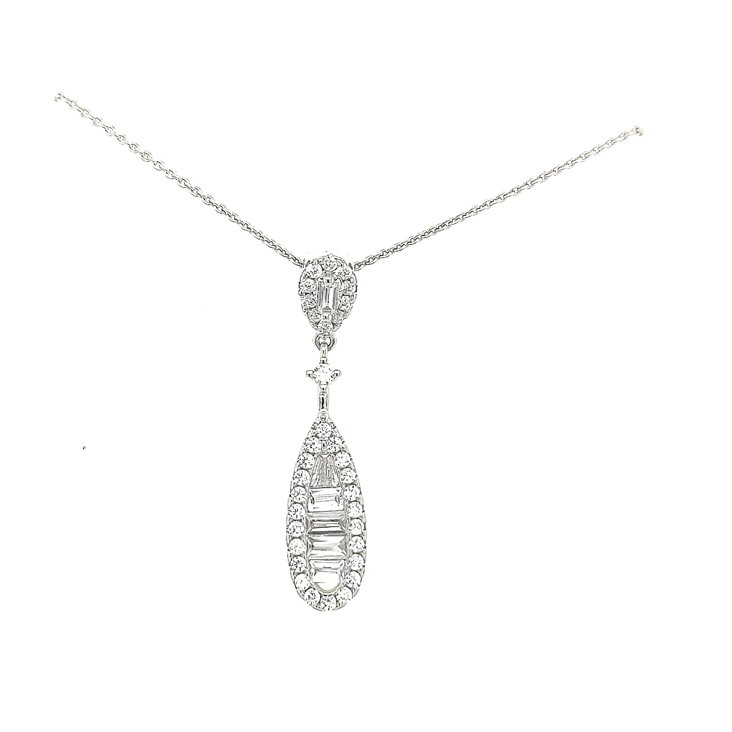 Sterling Silver CZ Baguette and Micropave Teardrop Pendant - HK Jewels