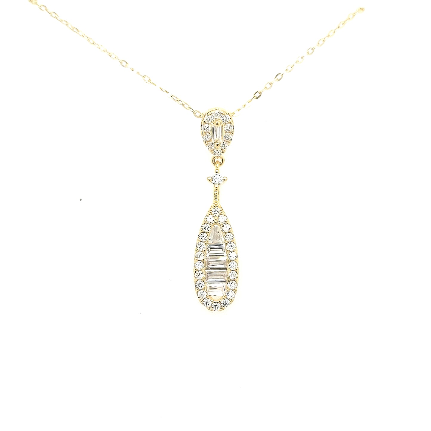 Sterling Silver CZ Baguette and Micropave Teardrop Pendant - HK Jewels