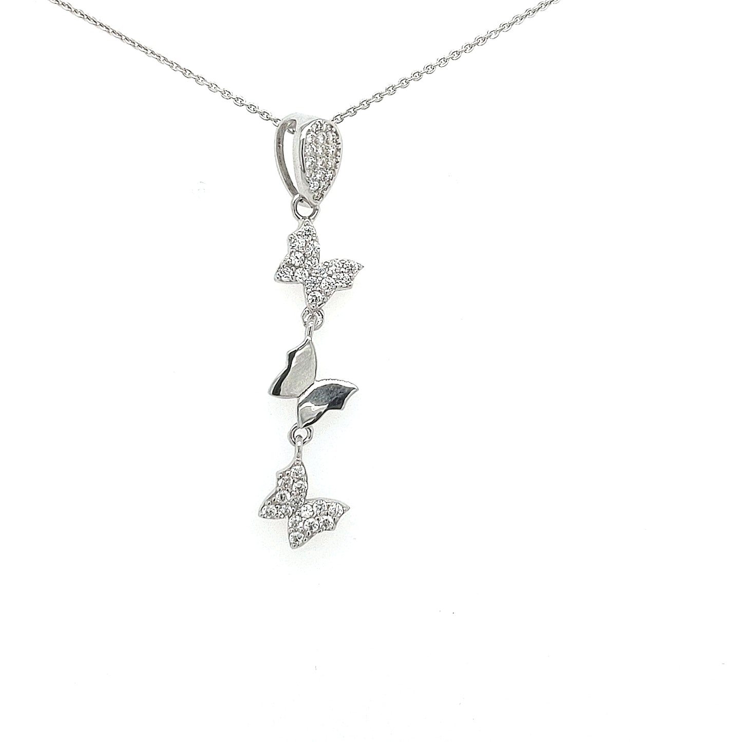 Sterling Silver Three Butterfly CZ Pendant - HK Jewels