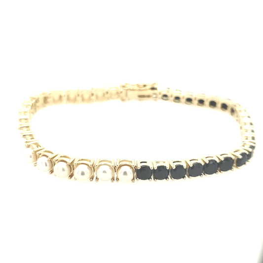 Sterling Silver Pearl and Black Onyx Tennis Bracelet - HK Jewels
