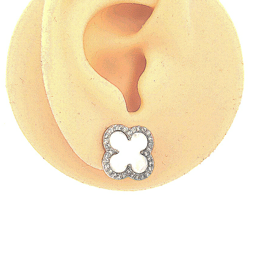 Sterling Silver CZ Border Mother Of Pearl Small Clover Stud Earrring - HK Jewels