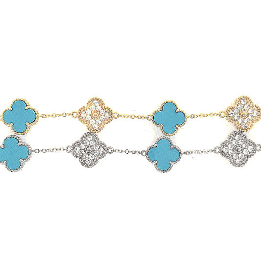 Sterling Silver Turqouise and CZ Five Clover Bracelet - HK Jewels