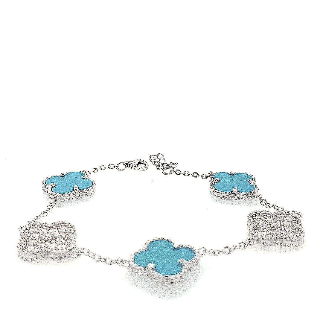 Sterling Silver Turqouise and CZ Five Clover Bracelet - HK Jewels