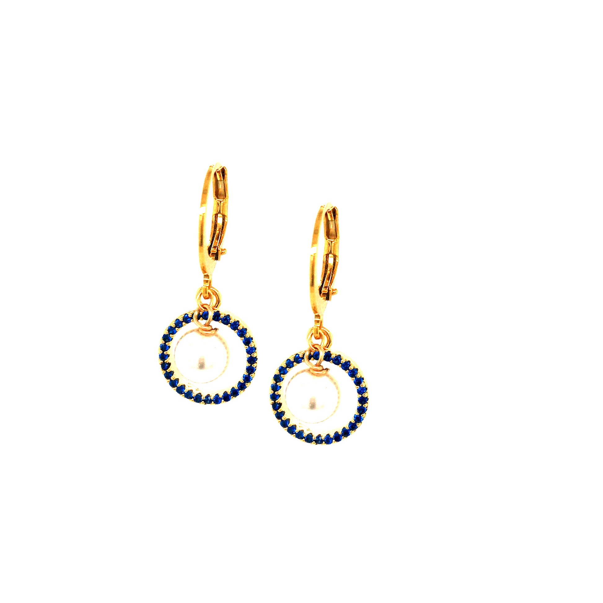Small Micropave Blue CZ Circle With 6mm Hanging Pearl Earring - HK Jewels
