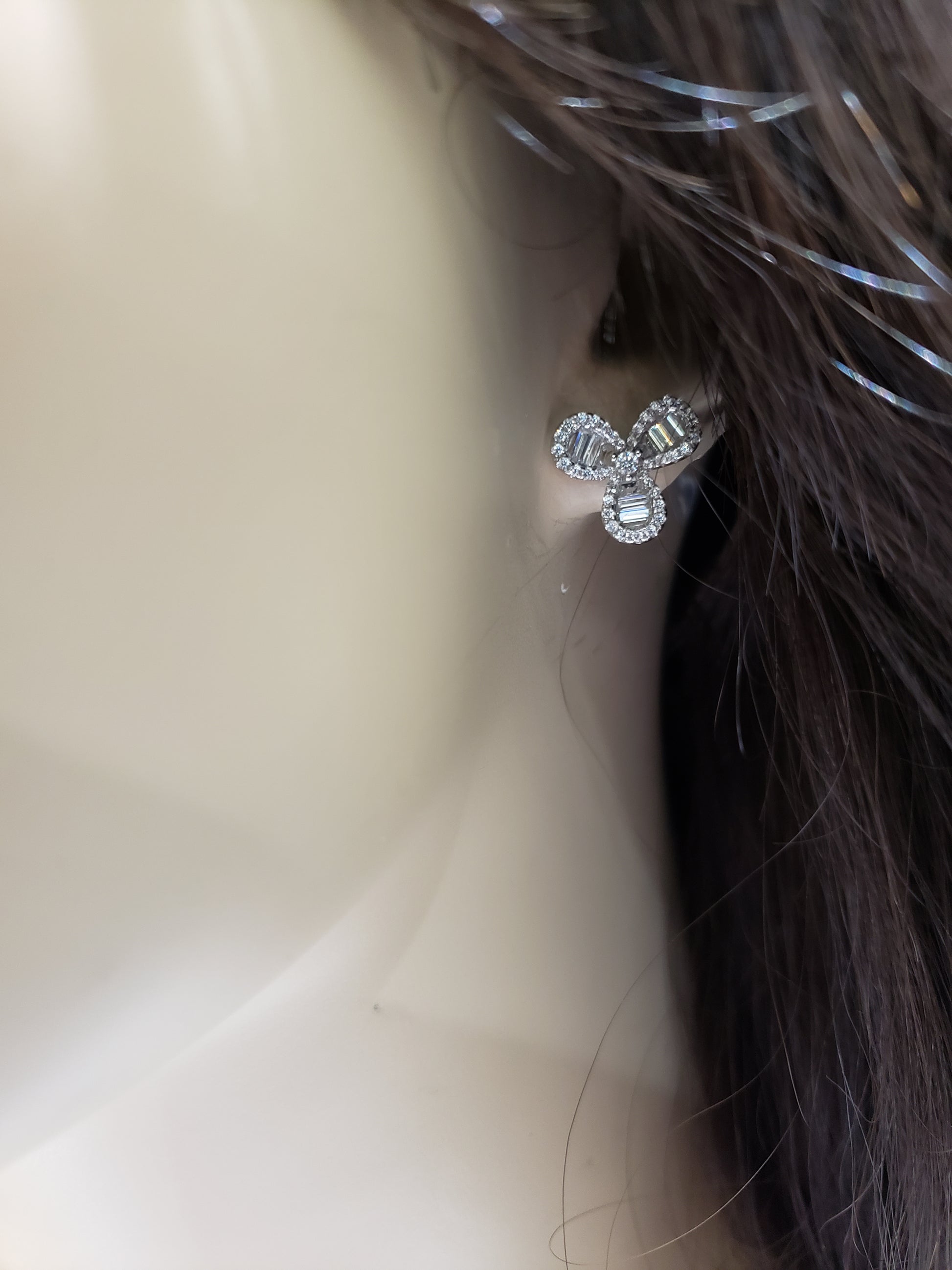 Sterling Silver Three Leaf Clover CZ With Baguettes Earring - HK Jewels