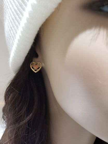 14k Gold Heart With Center Rose Gold Flower Stud - HK Jewels