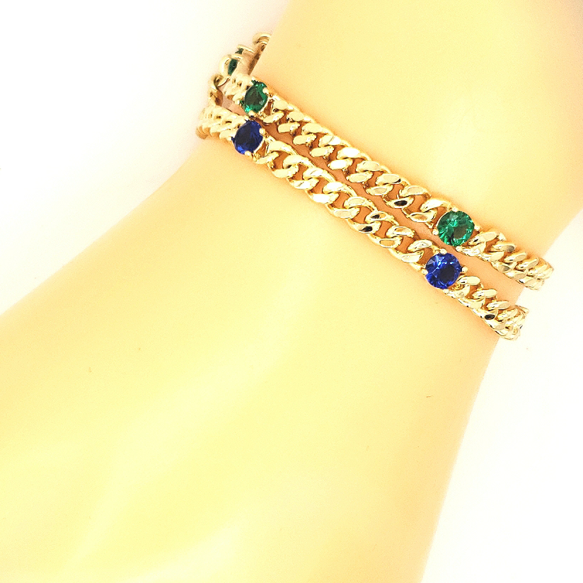 Sterling Silver Gold Plated Link Chain With Three Colored Stones - HK Jewels