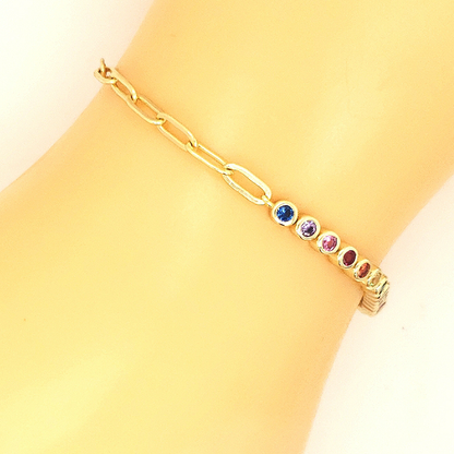 Sterling Silver Gold Plated Rainbow Stones Paperclip Chain Tennis Bracelet - HK Jewels