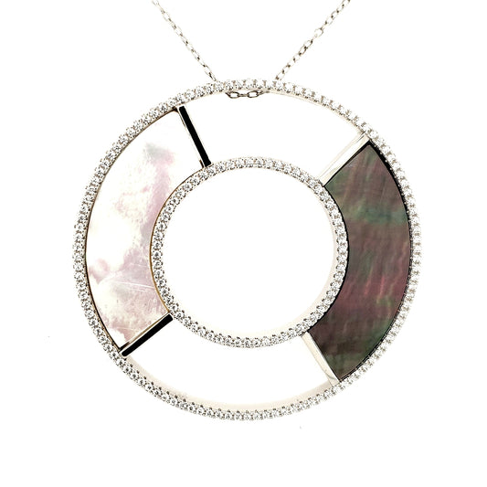Sterling Silver Circle With Micropave CZ And Mother Of Pearl Pendant - HK Jewels