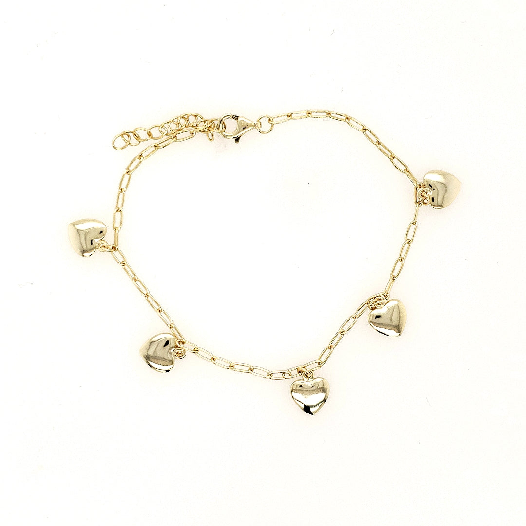 Gold Plated Sterling Silver Paperclip Chain with Hearts Bracelets - HK Jewels