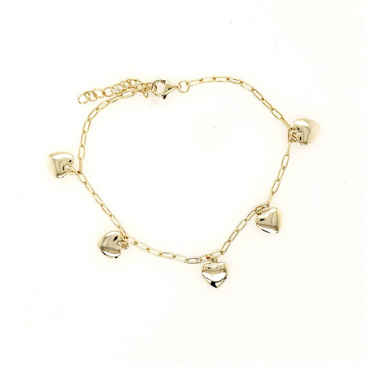 Gold Plated Sterling Silver Paperclip Chain with Hearts Bracelets - HK Jewels