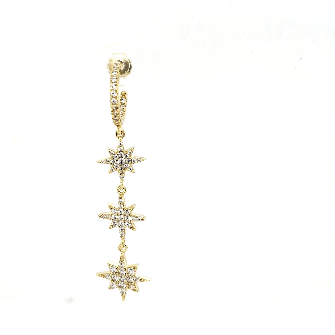 Gold Plated Sterling Silver Three CZ Starburst Hanging Earring - HK Jewels