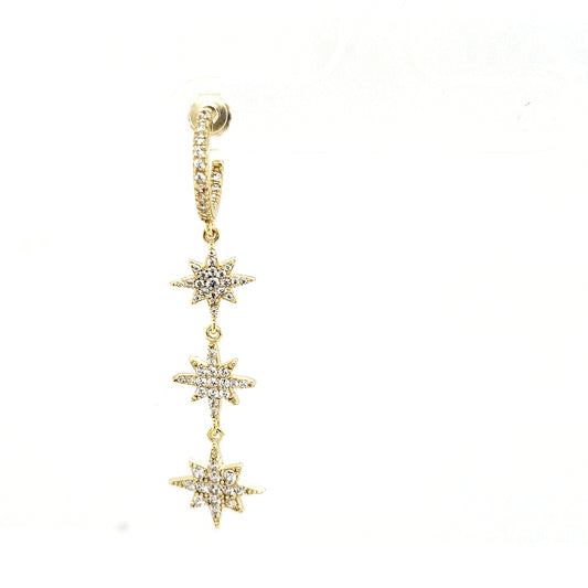 Gold Plated Sterling Silver Three CZ Starburst Hanging Earring - HK Jewels