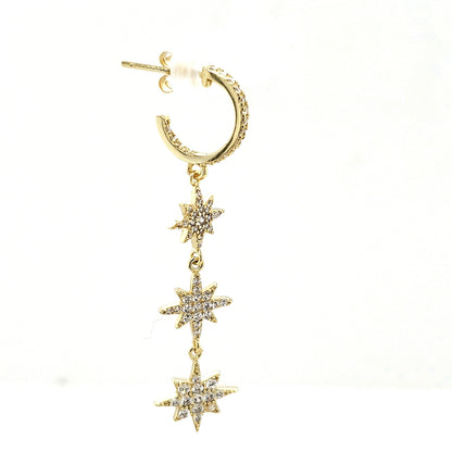 Gold Plated Sterling Silver Three CZ Starburst Hanging Earring - HK Jewels