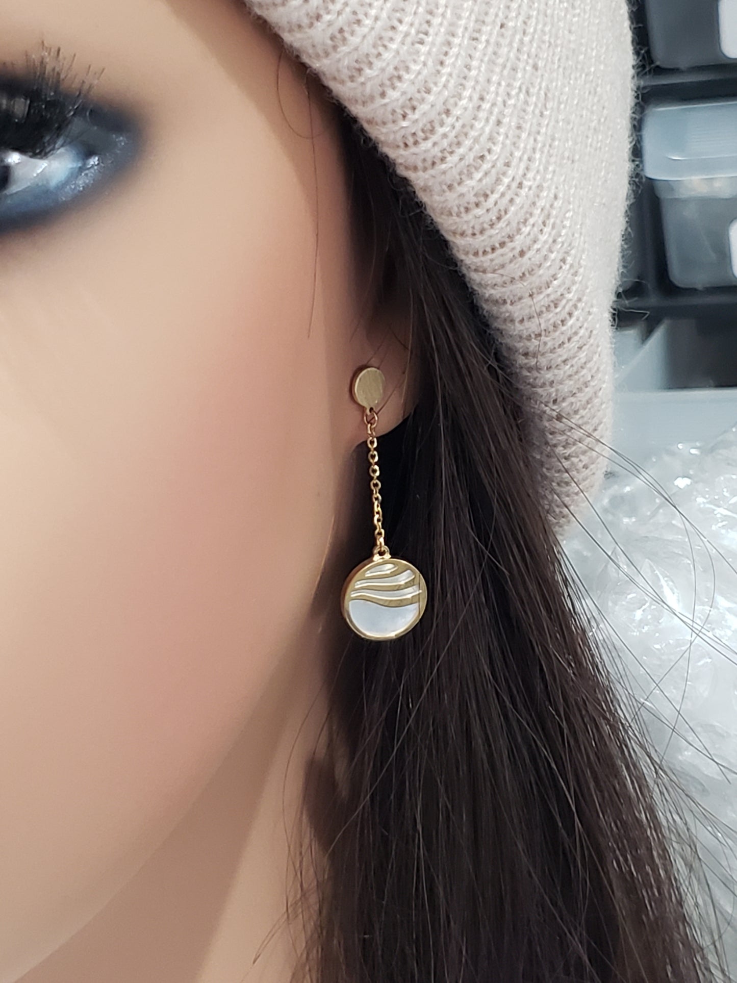 14K Gold Mother Of Pearl Circle With Gold Waves Long Hanging Earrings - HK Jewels