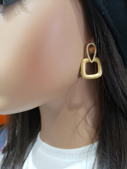 Gold Plated Sterling Silver Teardrop Over Square Earrings - HK Jewels