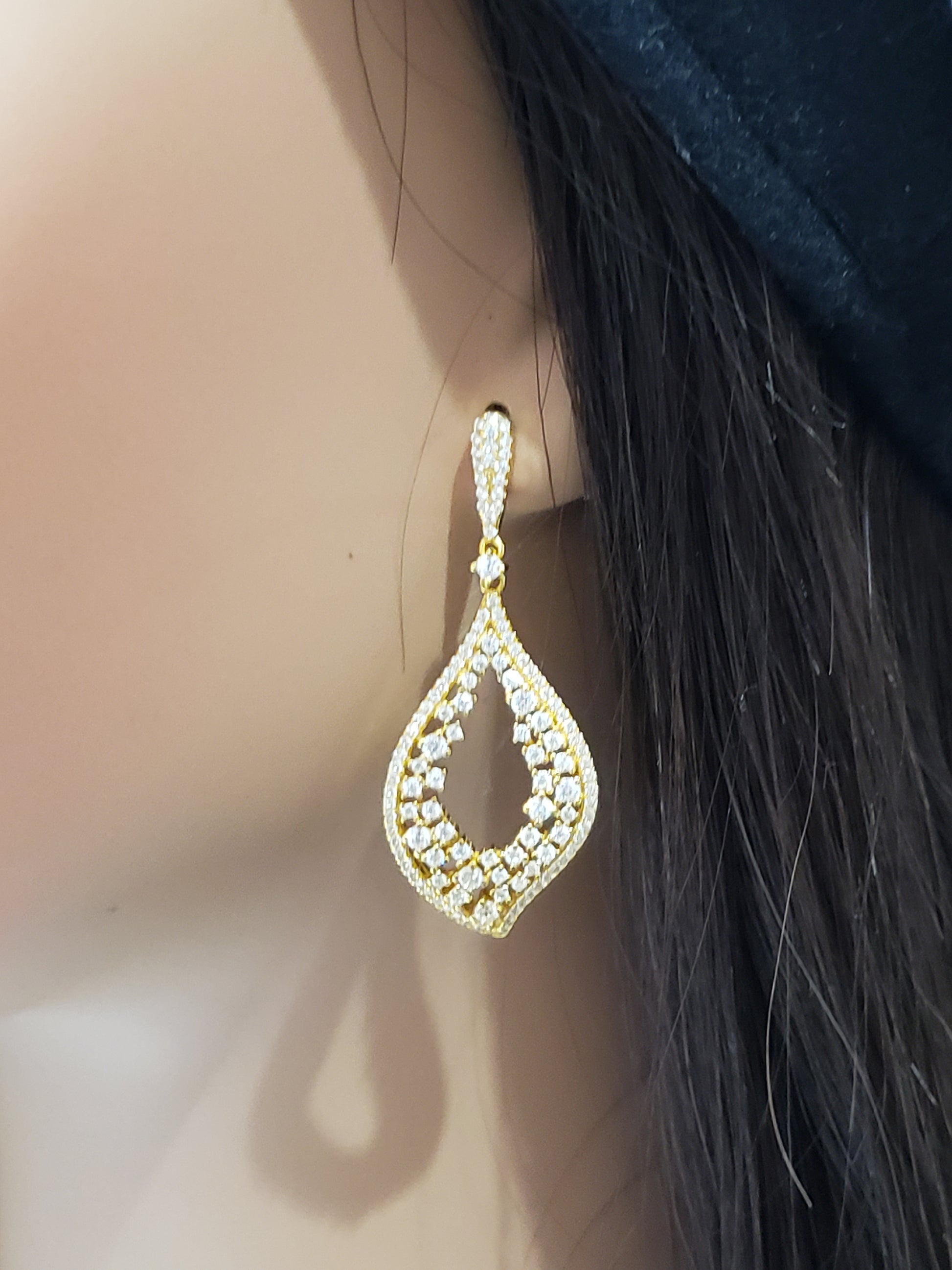 Gold Plated Sterling Silver Sprinkled CZ Teardrop Earrings - HK Jewels