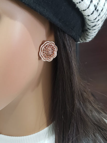 Rhodium or Rose Gold Plated Sterling Silver Micropave CZ Large Flower Stud Earring - HK Jewels