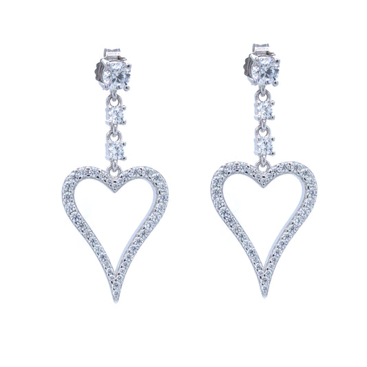 Sterling Silver CZ Large Dangling Heart Earring - HK Jewels