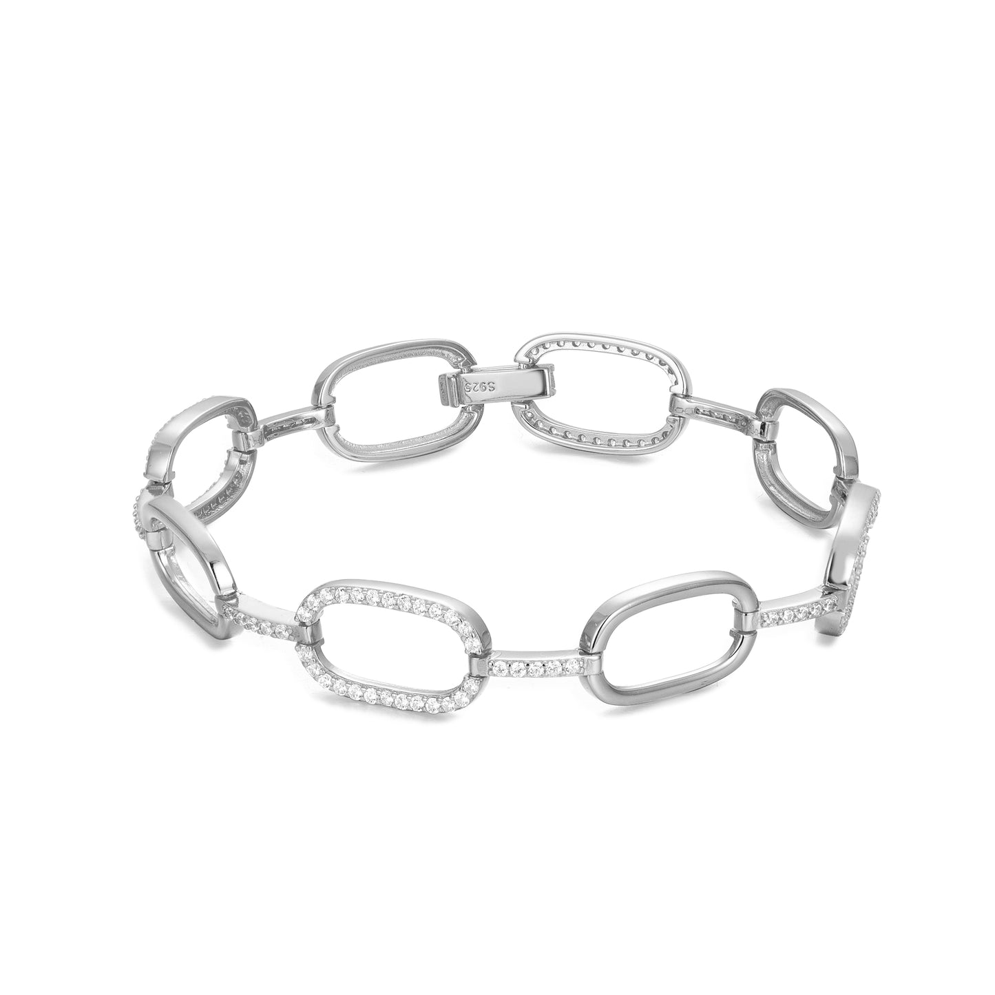 Rhodium or Gold-Plated Sterling Silver Micropave CZ Oval Link Bracelet