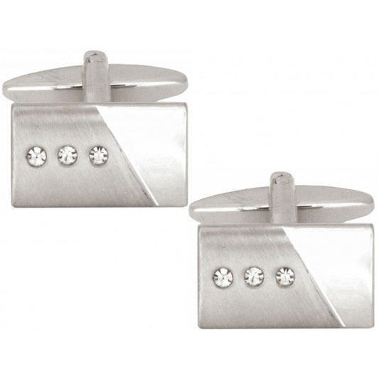 Brushed & Polished 3 Crystals Rectangle Rhodium Cufflinks - HK Jewels