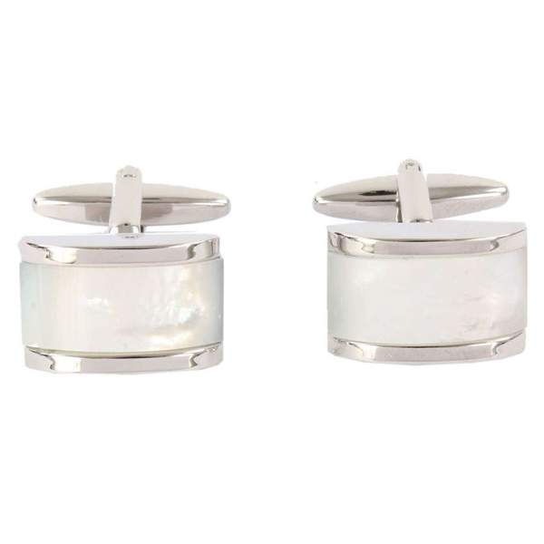 Rhodium Plated Mother of Pearl Domed Rectangle Cufflinks - HK Jewels