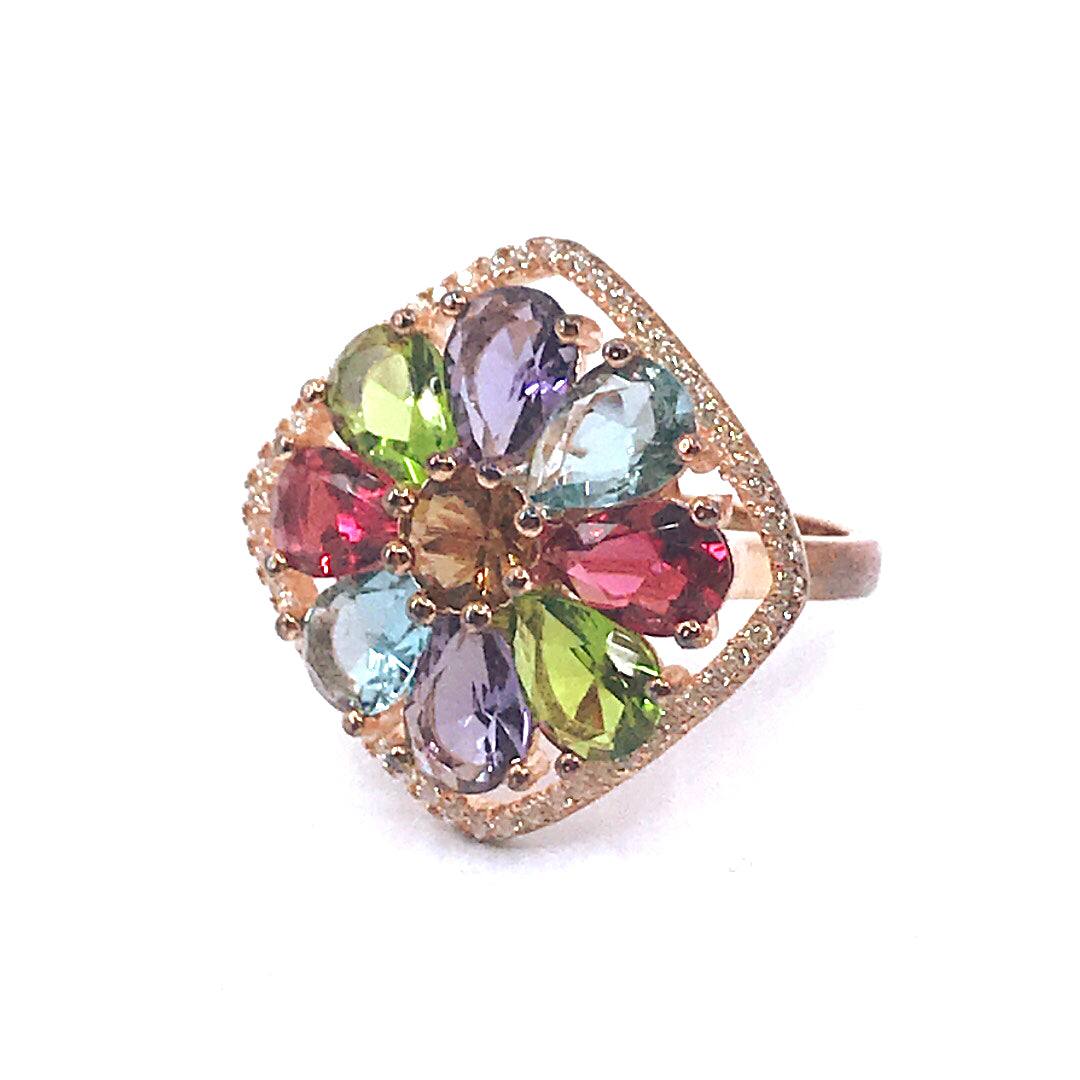 Rose Gold Plated Sterling Silver Multicolor Flower Square Ring - HK Jewels