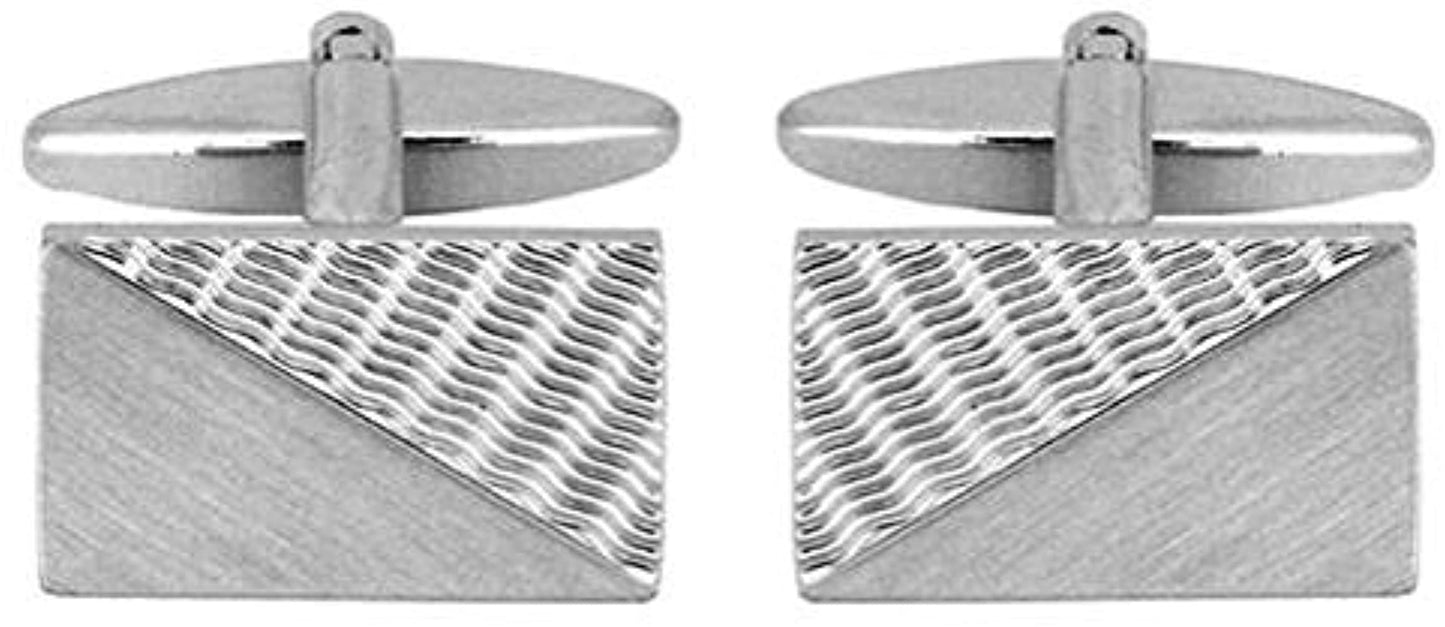 Rectangular Brushed & Engine Turned Rhodium Plated Cufflinks - HK Jewels