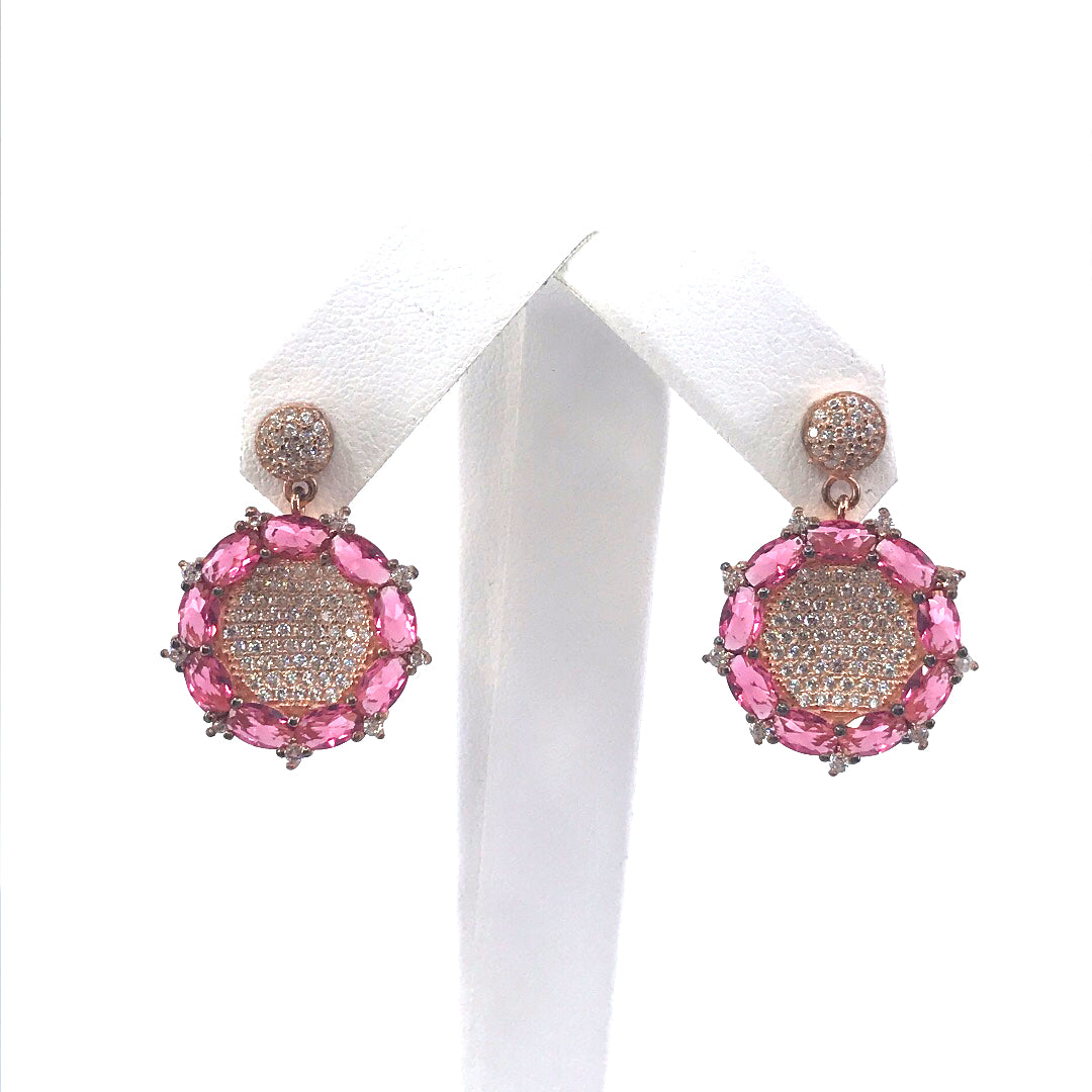 Rose Gold Plated Sterling Silver Circle Earrings with Pink CZs - HK Jewels