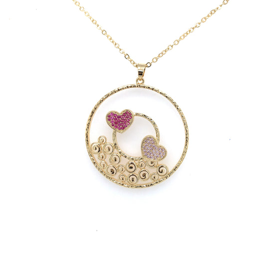 Gold Plated Circles And Hearts Necklace - HK Jewels