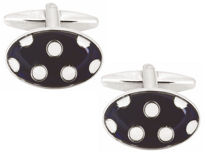 Oval White Dots on Blue Enamel Rhodium Plated Cufflinks - HK Jewels