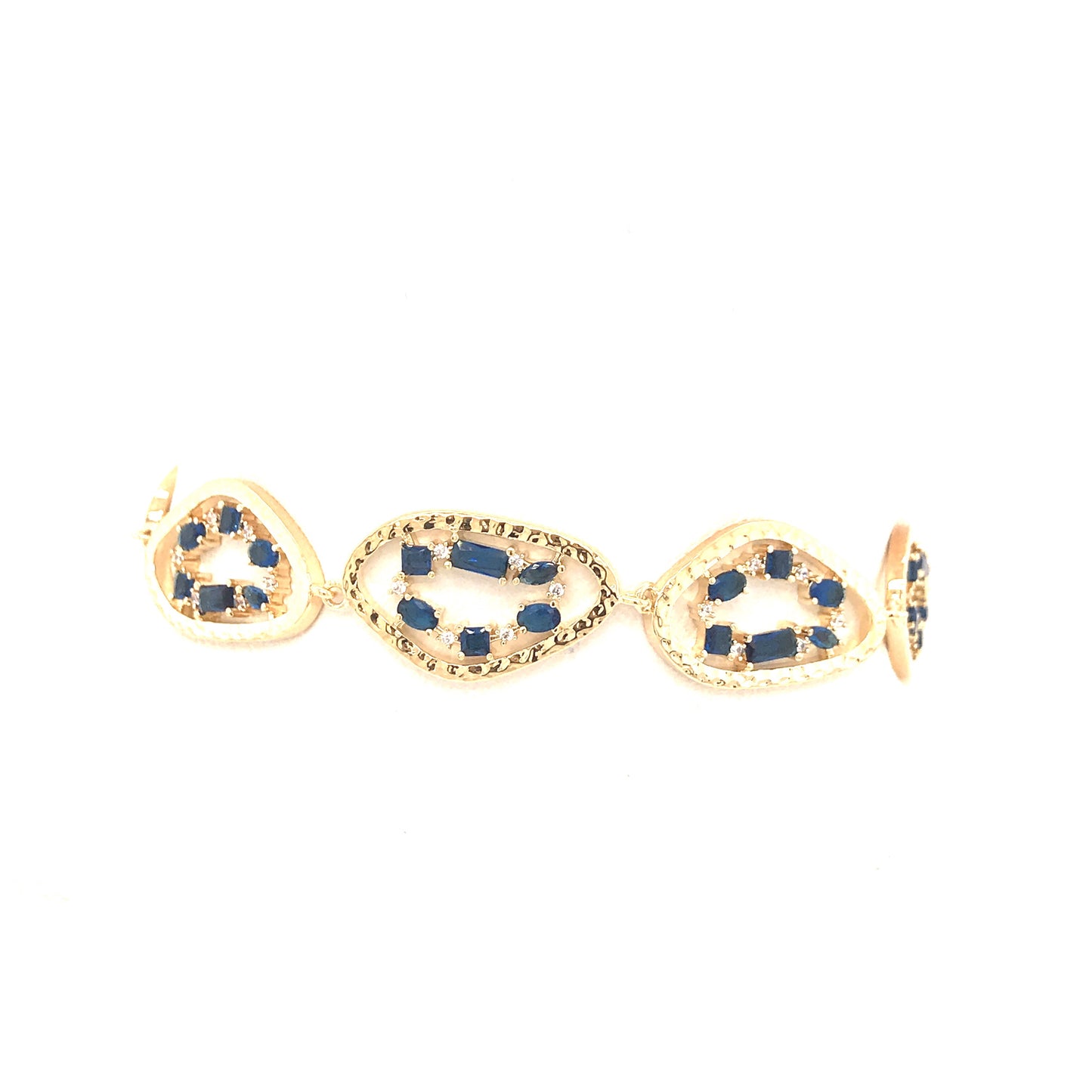 Gold Plated Curvy Oblong Bracelet With Blue Stones - HK Jewels