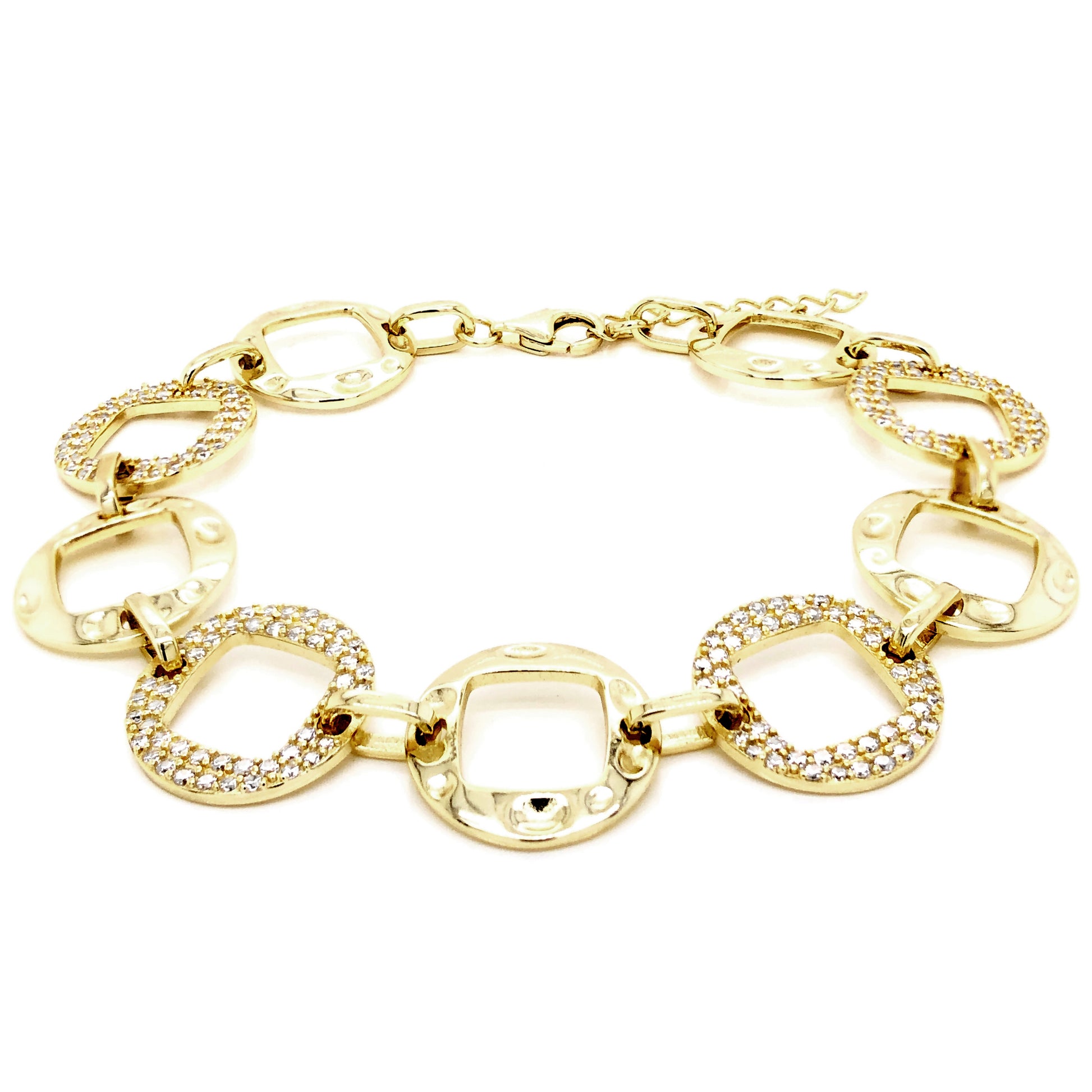 Gold Plated Sterling Silver, White CZ Hammered Design Bracelet - HK Jewels