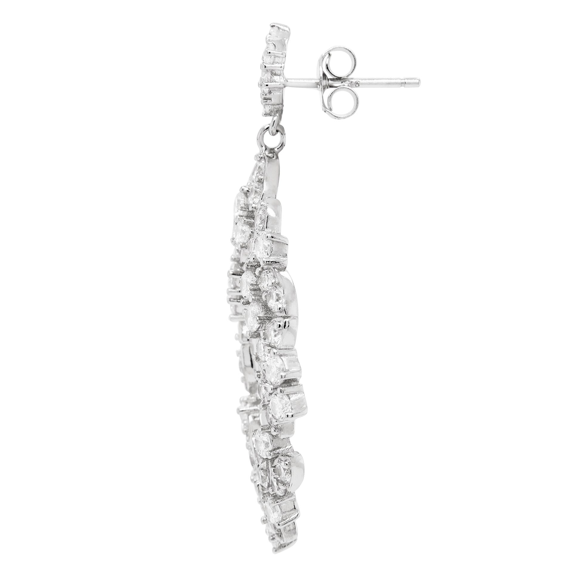 Rhodium Plated Sterling Silver, White CZ Leaf Design Post Earrings - HK Jewels