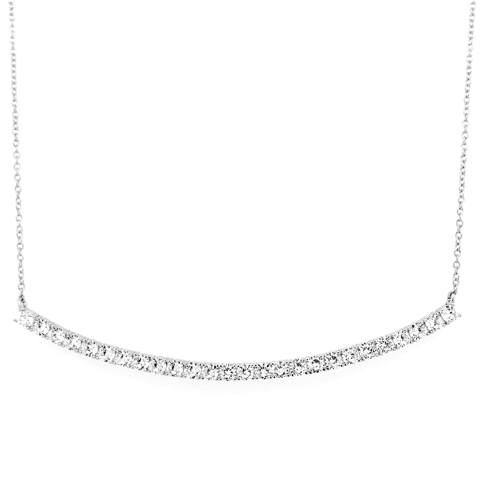 Rhodium Plated Sterling Silver, White 3mm CZ 3" Bar Necklace - HK Jewels