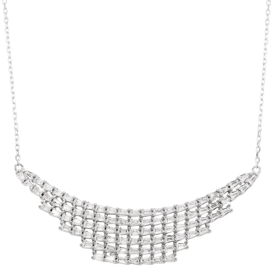 Rhodium Plated Sterling Silver, White Baguette CZ Bar Necklace - HK Jewels