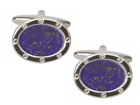 Rhodium Plated Oval Shaped Port Hole Lapis Lazuli Cufflinks - HK Jewels