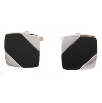 Rhodium Plated Black Onyx Diagonal Cufflinks - HK Jewels