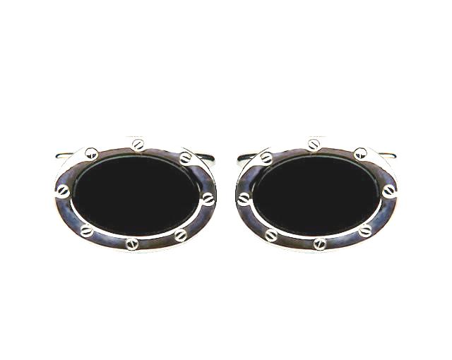 Rhodium Plated Oval Shaped Black Onyx Cufflinks - HK Jewels