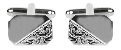 Rectangular 1/3 Engraved Design Rhodium Plated Cufflinks - HK Jewels