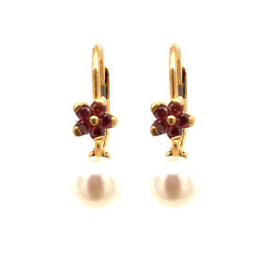 Surgical Steel Pearl Red Flower Earrings - HK Jewels