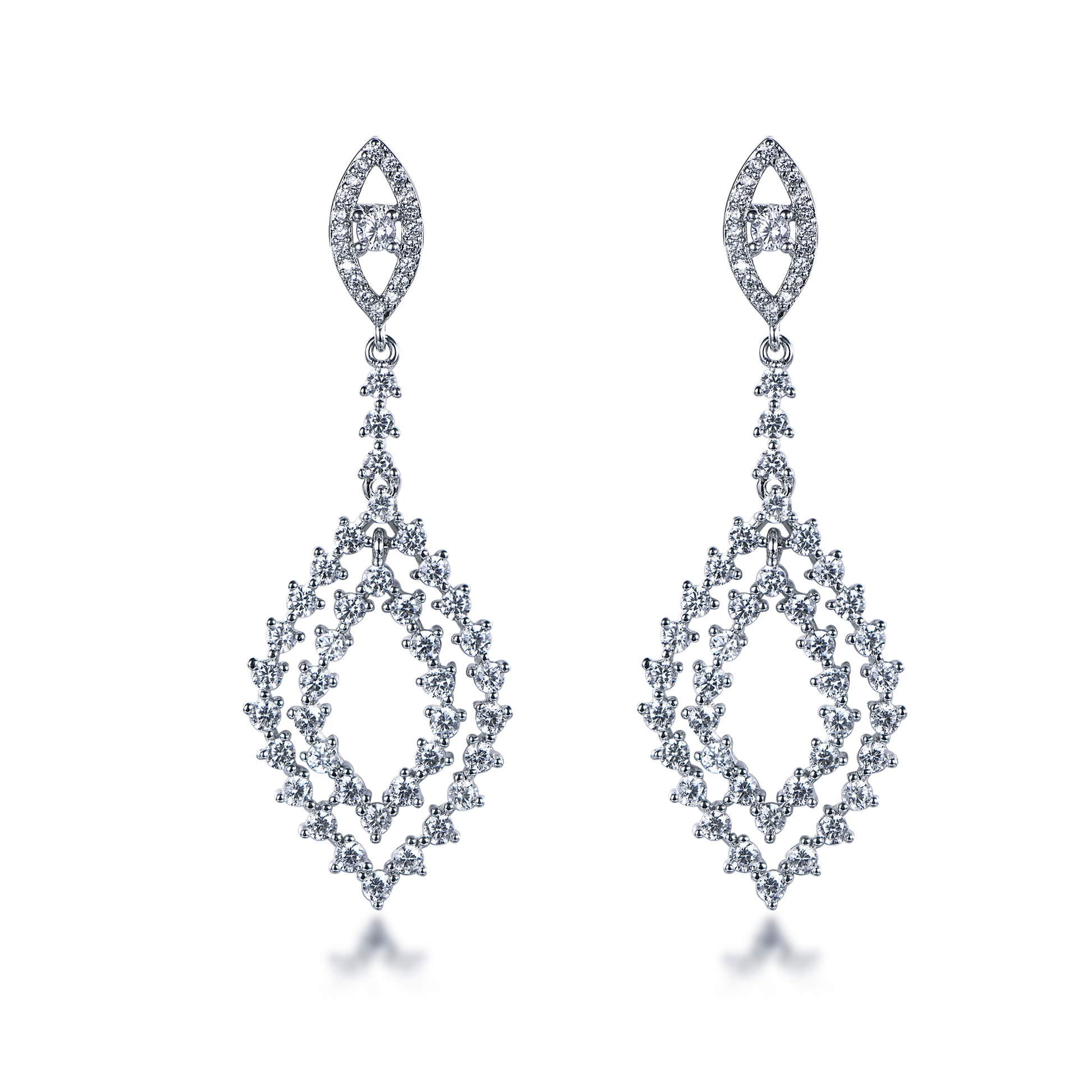 Sterling Silver Hanging Double Diamond Shaped Earring - HK Jewels