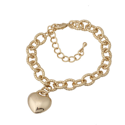 Puffed Heart Charm Sparkle Link Bracelet - HK Jewels