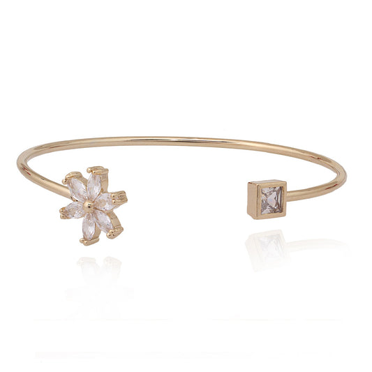 CZ Flower And Square Ended Bangle Bracelet - HK Jewels