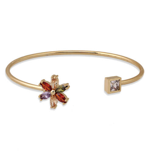 Multicolor CZ Flower And Square Ended Bangle Bracelet - HK Jewels