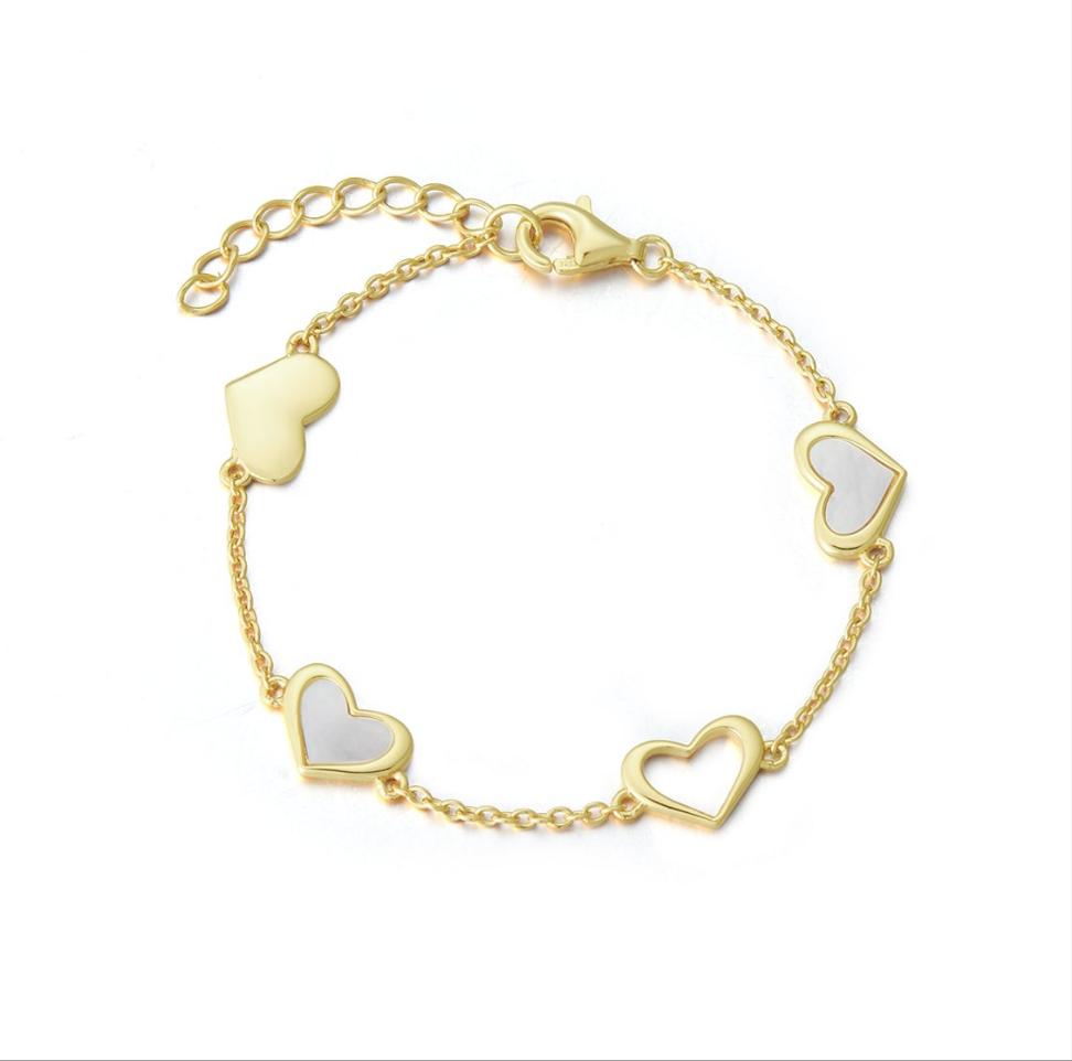 Gold Plated Sterling Silver Mother of Pearl Heart Station Bracelet - HK Jewels